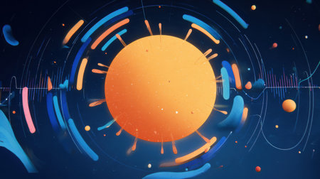 Bright animated sun with dynamic rotating rays brings energy and color to a striking infographic design, perfect for engaging viewers.の素材