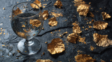 Wine glass filled with water rests on a shiny black surface, surrounded by delicate gold leaf pieces, creating a luxurious and refined setting.の素材