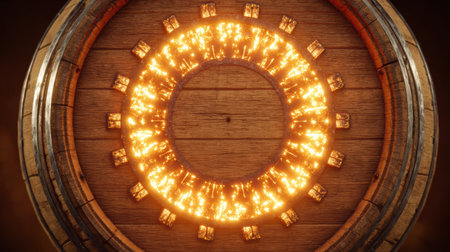 A creatively designed wine barrel transforms into a bright energy core, radiating light in a futuristic setting.の素材
