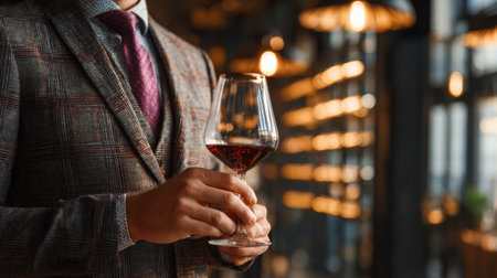 A sommelier swirls a glass of red wine, appreciating its aroma in a sophisticated tasting room filled with warm lights.の素材