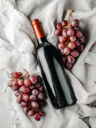 Wine bottle placed beside clusters of fresh grapes on white canvas, showcasing a minimalist and elegant display for any gathering or event.の素材