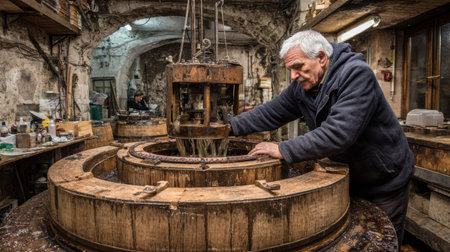Winemaker skillfully operates a vintage grape press, creating an authentic atmosphere in a rustic winery full of tools and tradition.の素材