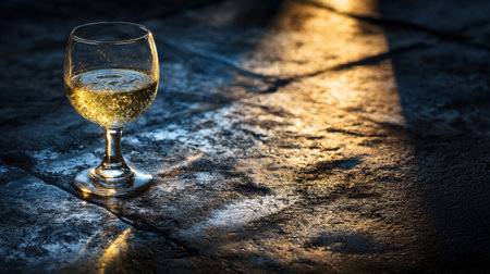 A glass of wine stands on a black marble surface, illuminated by soft glowing reflections, creating a serene and minimalist ambiance.の素材