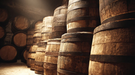 Warm lighting highlights the stacked oak wine barrels in the dark cellar, showcasing a serene environment perfect for aging wine.の素材