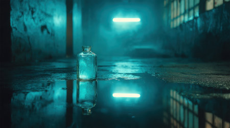 A glass bottle stands on cold concrete, reflecting an industrial glow in a dimly illuminated space filled with mist.の素材