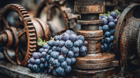 Grapes are being crushed using vintage machinery against a dark, rustic background, highlighting the artisan winemaking process.の素材