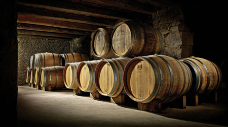 Wooden barrels lined up in a dimly lit cellar create a serene atmosphere for aging fine wine, highlighting rustic textures.の素材