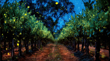 A peaceful vineyard path at night glows softly with sparkling golden particles resembling fireflies, creating a magical atmosphere.の素材