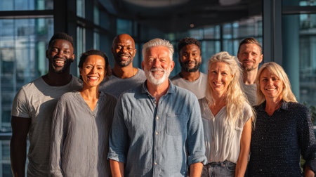 A diverse group of professionals smiles together in a bright office, showing various body types and ethnicities in a welcoming vibe.の素材
