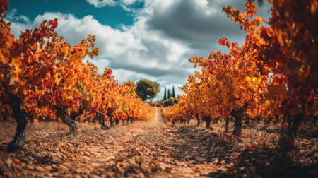 Scenic vineyard fields in autumn display vibrant orange and red leaves, capturing the warm mood of the fall wine season.の素材
