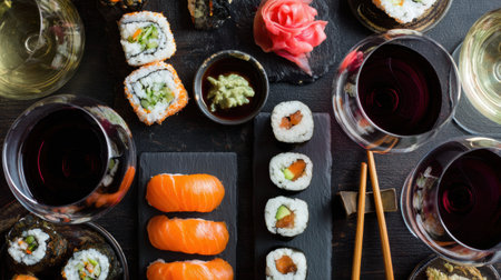 Colorful sushi rolls and fresh fish are paired with red wine on a stylish black table, creating a delightful culinary experience.の素材
