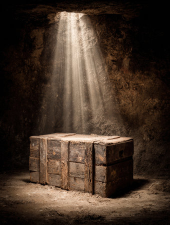 Bright rays of light shine down on a rustic grape crate, highlighting its texture in the shadowy underground winery.の素材