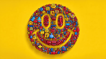 A vibrant collection of wellness icons forms a smiling face against a vivid yellow background, representing joy and health in healthcare.の素材
