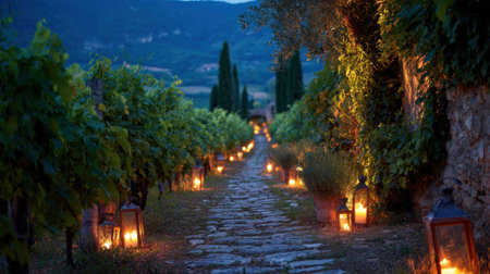 A stone path winds through a vineyard, lit by evening lanterns that create a warm atmosphere in the Mediterranean landscapeの素材