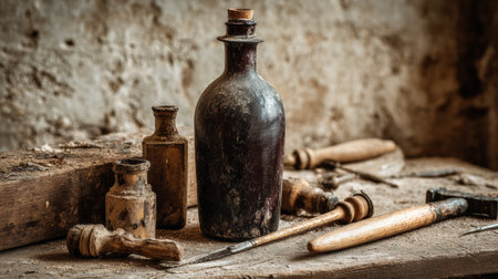 A dusty carpenter table displays a wine bottle and an assortment of tools in a rustic workshop setting filled with character.の素材