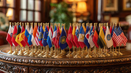 Mini flags from various countries are neatly arranged on a negotiation table, symbolizing international diplomacy and collaboration.の素材