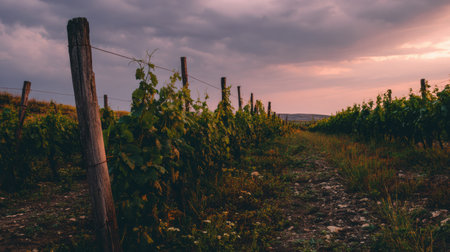 Vibrant sunset casts warm colors over a vineyard, highlighting the old wooden fence and lush grapevines in the serene countryside.の素材