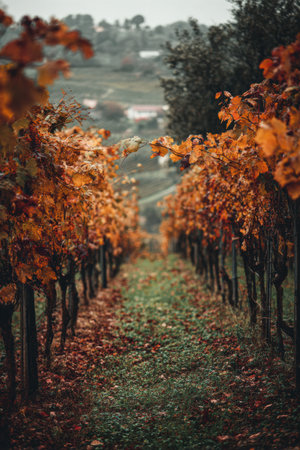Vineyard rows draped in orange leaves create a warm autumn atmosphere, capturing winery life during the harvest season, a peaceful time in natureの素材