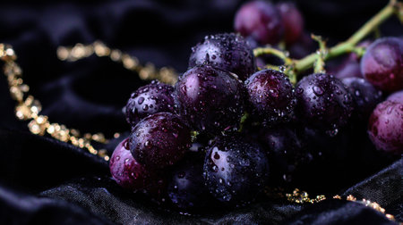 Rich dark grapes adorned with water droplets rest on luxurious black velvet, illuminated by a golden rim light, enhancing their appeal.の素材