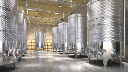 Shiny chrome winery tanks stand in a spacious tasting room, reflecting natural light and showing beautiful wood barrels in the background.の素材