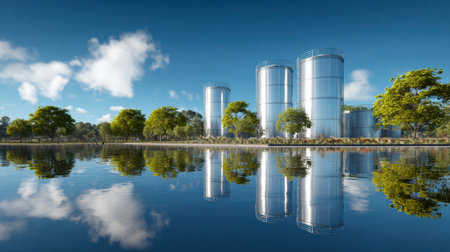 Modern winery tanks stand tall by a serene lake, showcasing bright chrome reflections amid lush greenery and a clear sky.の素材