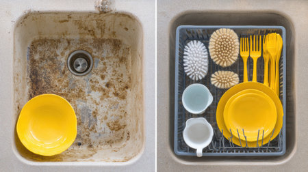 One side shows a dirty sink with grime and residue while the other displays a clean dish rack filled with organized dishes and utensils.の素材