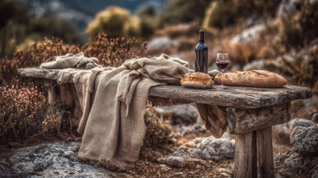 A rustic picnic table in the countryside is set with wine, a glass, fresh bread, and burlap, creating a tranquil atmosphere.の素材