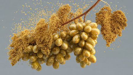 Golden particles come together to create an abstract representation of a cluster of grapes, showing a blend of color and texture.の素材