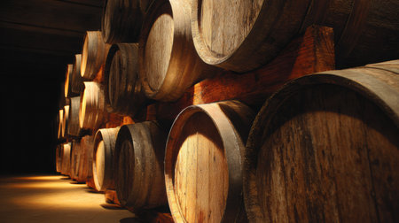 Oak wine barrels are stacked neatly in a dimly lit cellar, creating a warm and inviting atmosphere perfect for aging fine wines.の素材