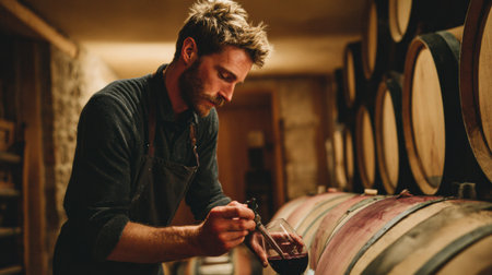 An artisan carefully pours wine from a barrel using a pipette in a warmly lit cellar, showing the art of winemaking.の素材