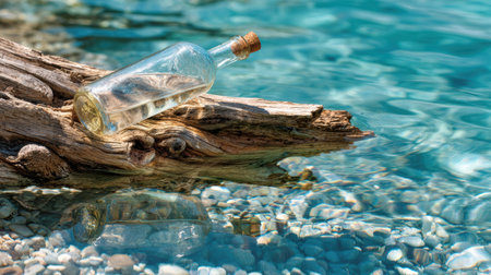 A clear bottle lies on driftwood along a serene turquoise sea, illuminated by warm sunny tones, creating a peaceful coastal scene.の素材