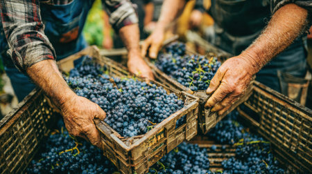 Workers carefully sort freshly picked grapes in a vineyard, surrounded by natural greens, showing the harvest process in action.の素材