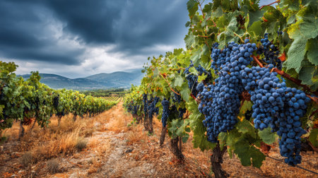 Vibrant clusters of grapes hang from vines, surrounded by a dramatic sky as harvest season brings activity to the vineyard.の素材