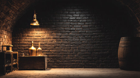 A black brick cellar features a warm golden lamp above vintage bottles and a large wooden barrel, creating a cozy atmosphere.の素材