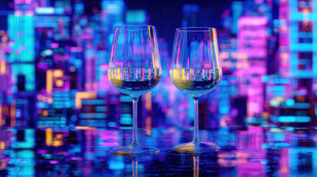 Two wine glasses stand against a backdrop of bright neon lights in a futuristic digital world, creating a lively, colorful atmosphere.の素材