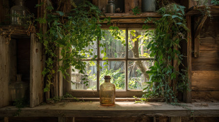 An old barn window framed by vines lets sunlight in, with a quiet aged bottle nearby, creating a peaceful scene.の素材