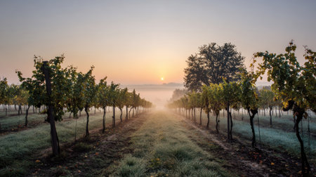 Morning light rises over a vineyard, creating a serene and atmospheric landscape filled with gentle mist and green vines.の素材