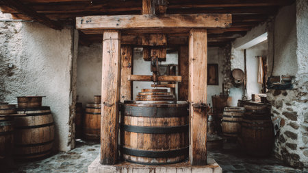 A vintage wine press stands in an old winery interior filled with wooden barrels, highlighting the historical essence of winemaking.の素材