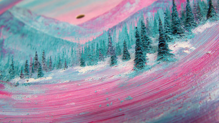 This unique vinyl record showcases grooves sculpted into pine trees and distant snowy mountains, blending music with natures beauty.の素材