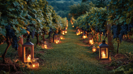Lanterns illuminate a vineyard path, setting a romantic mood for an evening celebration surrounded by lush grapevines and soft lights.の素材