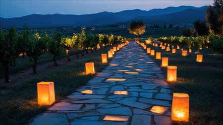 Evening lanterns illuminate a stone path through a vineyard, casting a warm glow over the lush grapes under the fading light.の素材