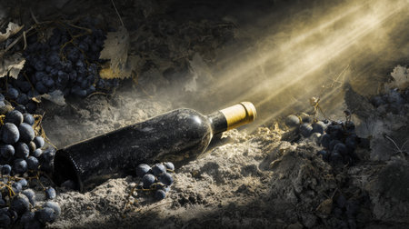 A wine bottle is partially buried in lush grapes, illuminated by a dramatic golden light above, creating a captivating vineyard scene.の素材