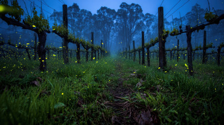A serene vineyard path at night is filled with golden firefly-like particles, creating a magical atmosphere among the lush vines.の素材