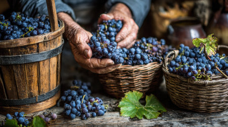 Workers carefully collect and sort freshly harvested grapes into traditional wooden baskets on a charming farm in autumn.の素材