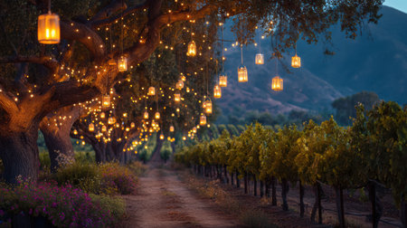 Golden lanterns softly light up rows of grapes in a peaceful vineyard, creating a magical evening atmosphere as night falls.の素材
