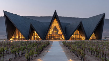Beautiful modern winery showcases angular architecture with warm lights shining through, surrounded by rows of grapevines in the evening.の素材