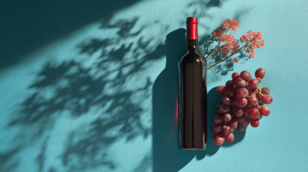 A red wine bottle rests alongside a cluster of grapes, both casting striking shadows on a light blue surface, highlighting their elegant simplicity.の素材