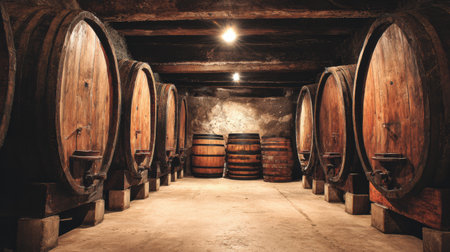Warm lighting highlights wooden wine barrels in a traditional winery cellar, creating an inviting and atmospheric setting for wine storage.の素材