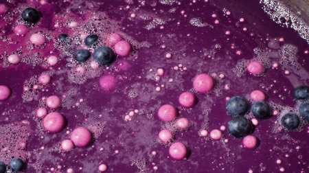 Grape skins and juice bubble in a fermentation vat, showing the vibrant colors and textures of the winemaking process in action.の素材
