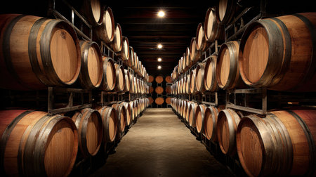 Rows of oak wine barrels line the walls of a dark cellar, illuminated by warm lighting that enhances the cozy ambiance.の素材